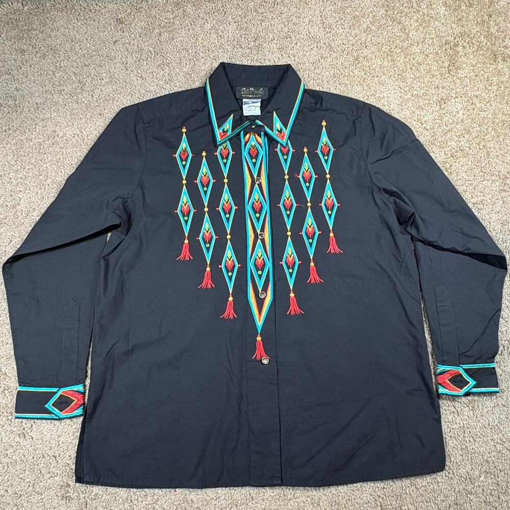 VTG BOB MACKIE WEARABLE ART BLACK WESTERN SHIRT WITH BOLD DIAMOND EMBROIDERY